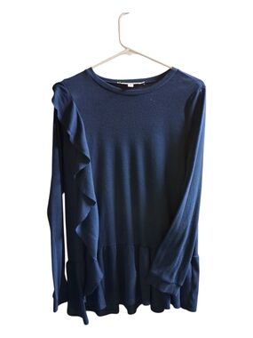 Ruffle-Trim Long Sleeve Knit Top in Navy